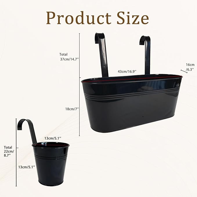 Set of 8 Outdoor Metal Railing Planters Box - 4 Pcs 5.12" Round Balcony Hanging Planter & 4 Pcs 17" Oval Fence Pot with Detachable Hooks Drainage, Black