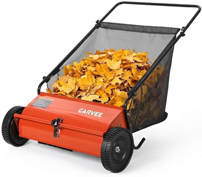 26 Inch Push Lawn Sweeper, 7 Cu. ft Grass Cutter, 4 High-Speed Spinning Brushes, Durable Steel Construction, Walk-Behind Leaf & Grass Collector for Yard Cleanup