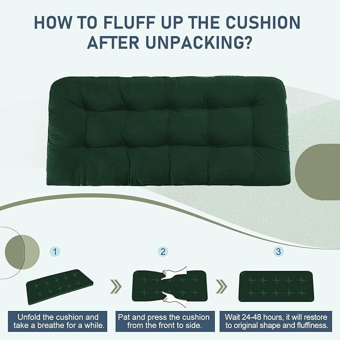 downluxe Outdoor Bench Cushion for Patio Furniture, Water Resistant Tufted Overstuffed Porch Swing Cushions, Thick Outdoor Loveseat Cushions, 44" X 19" X 5", Forest Green, Set of 1