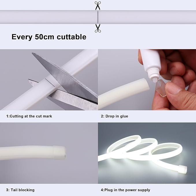 BENLUN AC 110V COB LED Strip Lights Outdoor Waterproof 65.6ft, 6000K Cool White Super Bright 200W CRI 90+ LED Rope Light, IP65 Flexible Cuttable, for Bedroom Garden Commercial House