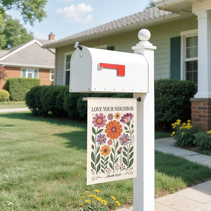 Love Your Neighbor Garden Flag Double Sided Yard Outdoor Decoration 12x18 Inch, Friendly Neighbor Floral Yard Garden Flag, Mark 12:31Christian Bible Verse Decoration Banner