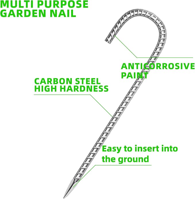 60 Pack Ground Garden Rebar Stakes Rebar 12 Inch Anti-Rust Galvanized Steel J Shape Hook Heavy Duty Ground Anchors for Tents, Position Kits,Fences, and Trampolines Landscape Fabric