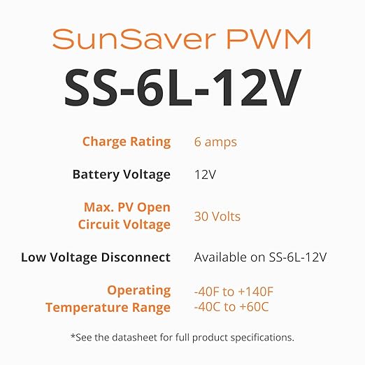Morningstar SunSaver 6A PWM Solar Charge Controller (SS-6L-12V) - Solar Panel Regulator for 12V Batteries, Four Stage Battery Charging, LVD, HazLoc Rated, Low Noise, 5 Year WTY - Designed in The USA