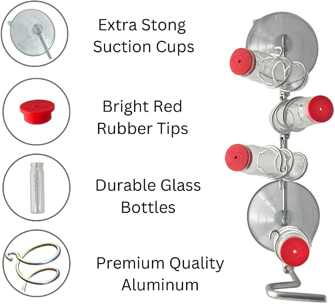 Window Hummingbird Feeder | Handcrafted Copper and Aluminum | Multiple Stations | Modern Hummingbird Feeder | Glass Bottles | Suction Cups (Aluminum, Four Station)