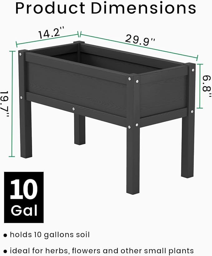 Small HDPE Raised Garden Bed, Elevated Planter Box with Legs, Outdoor All-Weather Planter Raised Beds for Seeds, Herbs, Flowers, Vegetables (Black)