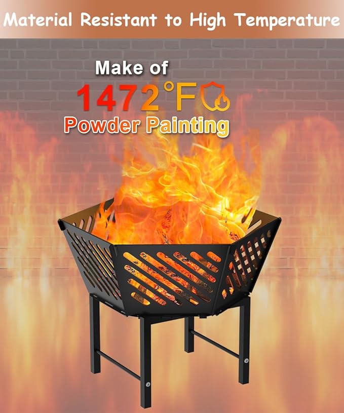 22.5 Inch Portable Hexagon Fire Pit with Travel Bag — Heightened Smokeless Design Outdoor Wood Burning Fire Pit for Camping, Backyard, Patio, Bonfire, Picnic and BBQ, Diagonal Hollow Style
