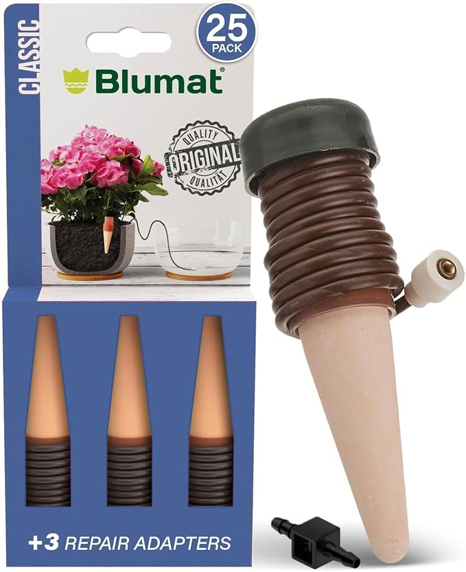 Blumat Classic Self-Watering Stakes - Prevents Overwatering and Underwatering for Healthy Growth While You are Away - Ideal for Indoor Plant Watering, 25 Pack, w Adapter