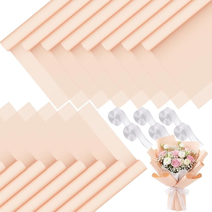 Sabary 120 Sheets Flower Wrapping Paper Bouquet Pure Color Waterproof Floral Packaging Paper with 196 Inch Ribbon Florist Bouquet Supplies for Wedding Birthday DIY, 22.8 x 22.8 Inch (Deep Champagne)