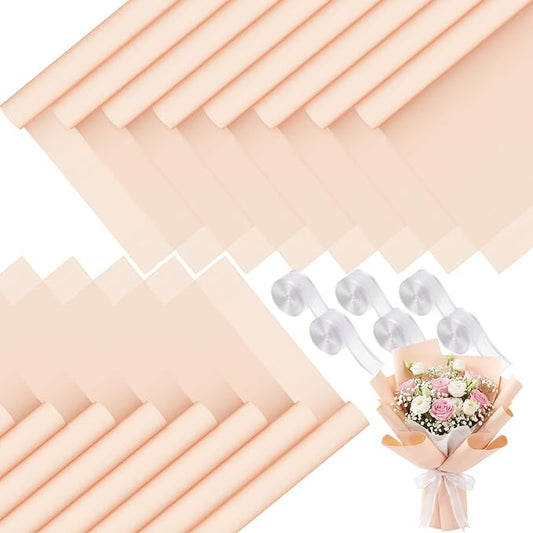 Sabary 120 Sheets Flower Wrapping Paper Bouquet Pure Color Waterproof Floral Packaging Paper with 196 Inch Ribbon Florist Bouquet Supplies for Wedding Birthday DIY, 22.8 x 22.8 Inch (Deep Champagne)