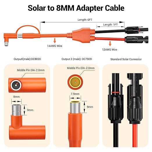 20FT Solar Connector to 8mm Adapter Cable with DC8020/7909 Compatible with BLUETTI, Yeti, Anker, Jackery Portable Power Station for Camping, RV, Emergency Use