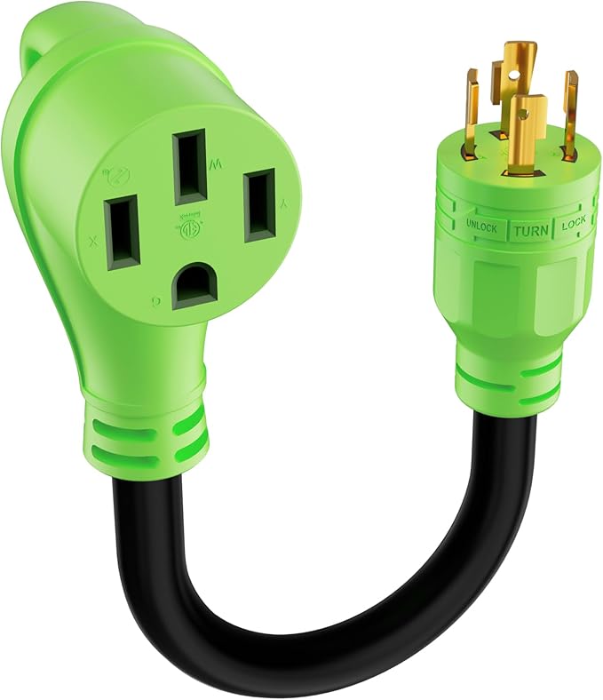 4 Prong 30 Amp to 50 Amp Generator to RV/EV Adapter Cord, NEMA L14-30P Twist Lock Male Plug to NEMA 14-50R Female Receptacle with Handle, STW, 10AWG, Adapter for RV and EV Level 2 Charging, 1FT, Green