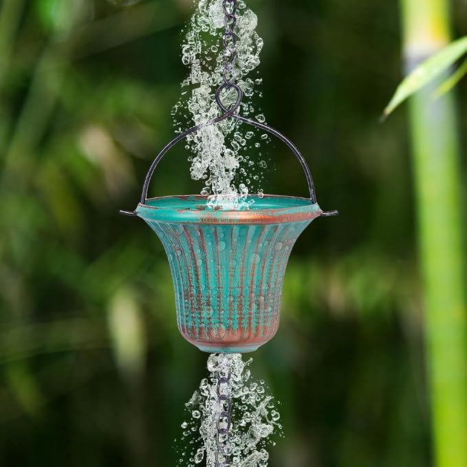 11ft Rain Chains for Outside, 12 Cups Rain Catcher Chain Replacement Downspout for Gutters, Adjustable Length(Green)