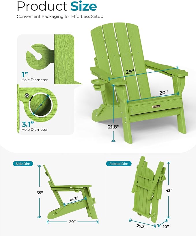 Folding Adirondack Chair Set of 2, HDPE Adirondack Chairs with 2 Cup Holder, Plastic All-Weather Fire Pit Chairs, Outdoor Lawn Chair for Patio Garden (Lime)
