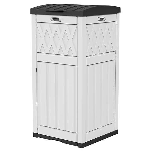 DWVO 38 Gallon Outdoor Trash Can, Resin Garbage Can with Tiered Lid and Drip Tray, Waterproof Trash Bin for Patio, Kitchen, Backyard(Grayish-White)