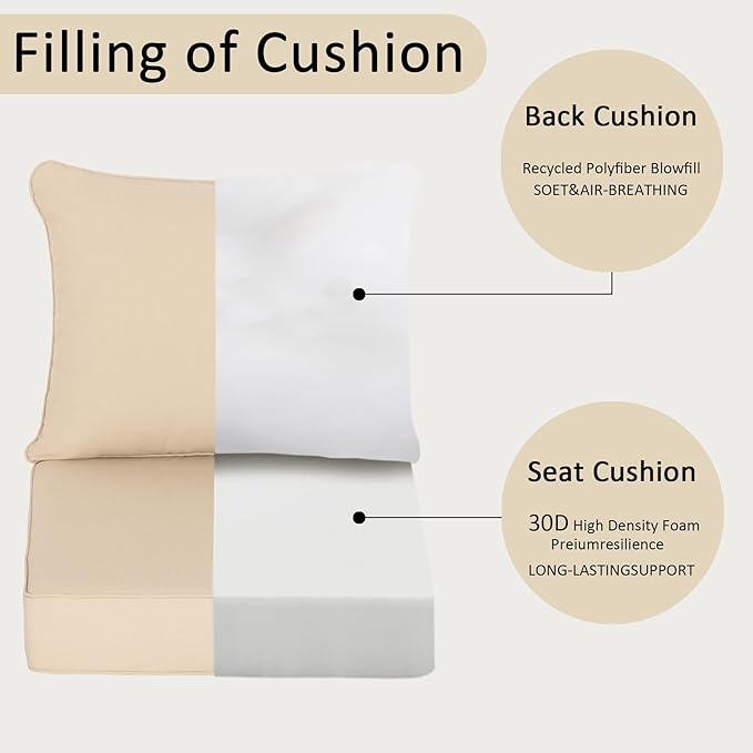 COZYVIDA Outdoor Deep Seat Cushion Set of 2, 24"x24"x5.5" Seat & 25"x22.5" Back, C0 Water-Resistant Breathable Polyester, UV-Resistant 1000+ Hrs, 30D Foam with Recycled Fiber Fill,Boho Paisley,Beige