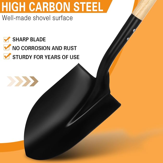 41-Inch Round Heavy Duty Digging Shovel, Wooden Handle with D-Grip & Alloy Steel Head, Ideal for Garden, Construction, and Masonry - Perfect for Digging Soil, Dirt, and Gravel