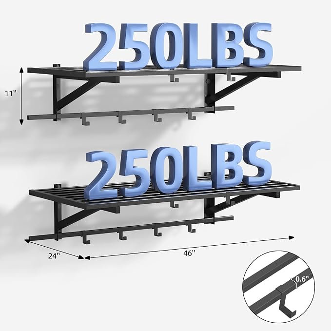 2-Pack 2x4ft Garage Shelving Wall Mounted, Heavy Duty Garage Storage Shelves with 12 Hooks, 2' x 4' Wall Mount Shelves with 500LBS Capacaity