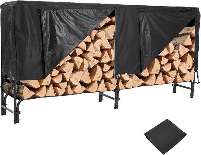 8ft Firewood Rack Holder with Cover, Heavy Duty Fire Log Stacker Stand for Fireplace, Outdoor Indoor Metal Wood Pile Storage Organizer, Patio Logs Stand tool, Black