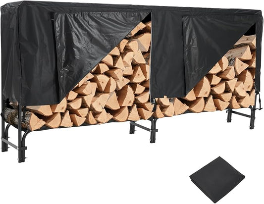 8ft Firewood Rack Holder with Cover, Heavy Duty Fire Log Stacker Stand for Fireplace, Outdoor Indoor Metal Wood Pile Storage Organizer, Patio Logs Stand tool, Black