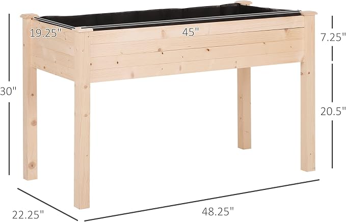 Outsunny Raised Garden Bed with Legs, 48" x 22" x 30", Elevated Wooden Planter Box, Self-Draining with Bed Liner for Vegetables, Herbs, and Flowers Backyard, Patio, Balcony Use, Natural