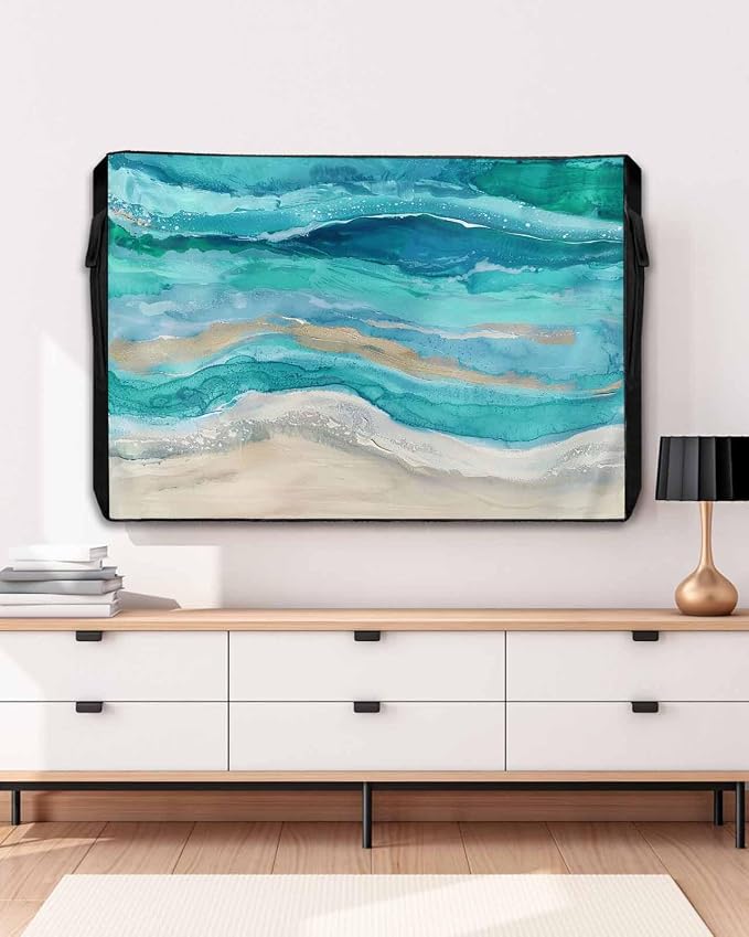 Outdoor TV Cover 48-50 Inch Weatherproof, Teal Coastal Outdoor TV Enclosure with Zipper & Roll Up Front Flap, Summer Beach Nautical Abstract Art Waterproof TV Covers for Outside Flat Screen TV