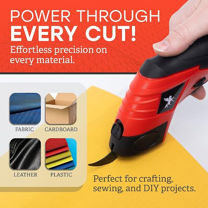 Cordless Electric Scissors - Rechargeable Cutting Tool for Fabric, Cardboard, Plastic, Paper, Leather - Detachable Blade, Ergonomic Grip, Safety Lock - Includes 2 Extra Cutter Head & USB Cable