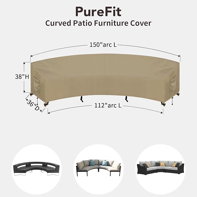 PureFit Outdoor Sectional Sofa Cover Waterproof Curved Patio Furniture Covers for Deck, Lawn and Backyard, 150Lx36Dx38Hx112FL, Camel