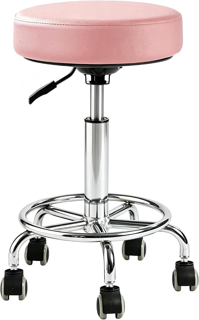 Adjustable Rolling Stool with Wheels Heavy Duty Round RollingStool with Footrest, Patent Leather Drafting Stool Chair with Wheels Work Spa Salon Seat, Pink