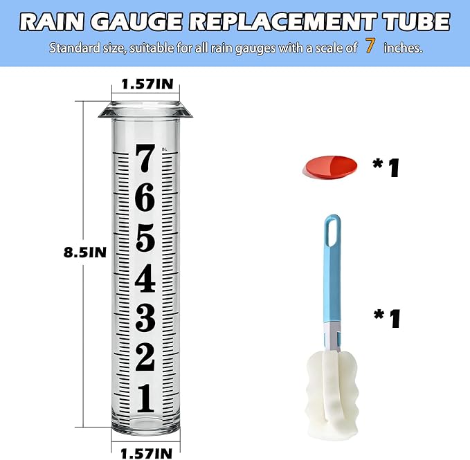 Rain Gauge Replacement Tube, Accurate Rain Gauges Outdoors Best Rated, 7" Capacity Plastic Rain Gauge Tube Replacement for Yard & Garden, Water Gauge for Rain, 1 Rainfall Meter Tube with 1 Clean Brush