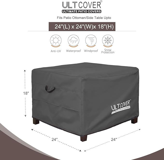 ULTCOVER Waterproof Patio Ottoman Cover Square Outdoor Side Table Furniture Covers Size 24L x 24W x 18H inch, Black