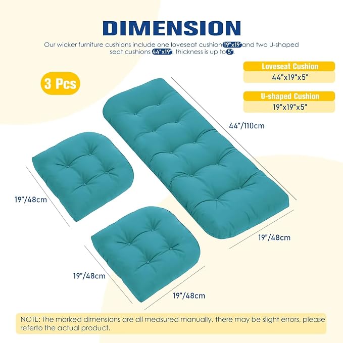 Patio Furniture Cushions Outdoor, Waterproof Wicker Chair Cushions Set of 3, 1 Loveseat & 2 Seat Pads, Thick Outdoor Replacement Cushions for Porch Lawn Bench Couch Sofa Swing, Lake Blue