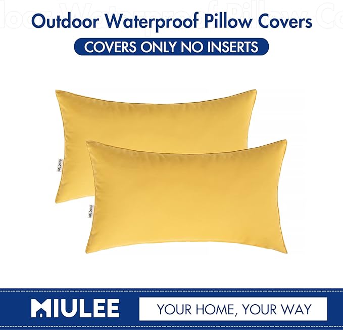 MIULEE Pack of 2 Decorative Outdoor Waterproof Pillow Covers Rectangular Garden Cushion Sham Throw Pillowcase Summer Shell for Patio Tent Couch 12x20 Inch Yellow
