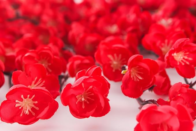 5 Pcs Artificial Plum Blossom Fake Wintersweet Long Stem Plastic Flowers Home Hotel Office Wedding Party Garden Decor 27.5'' High Red
