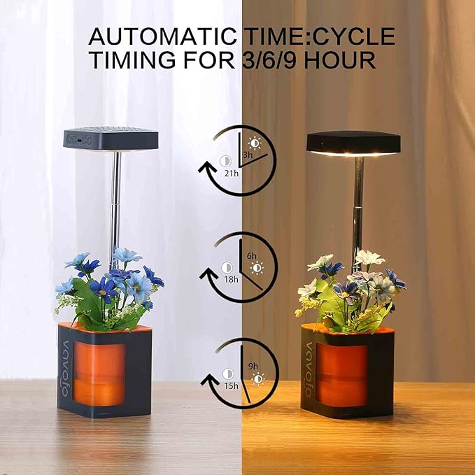Small Grow Light, Vavofo Mini Desk Plant Light with Planter, Height Adjustable,Germination System, Automatic Timer, Full Spectrum for Indoor Plants, Orange