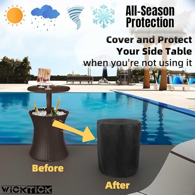 WICKTICK Waterproof Cover for Keter Pacific Cool Bar Outdoor Patio Furniture and Hot Tub Side Table with 7.5 Gallon Beer and Wine Cooler, Outdoor Round Pool Side End Table Cover (21” Dia x 23” H)