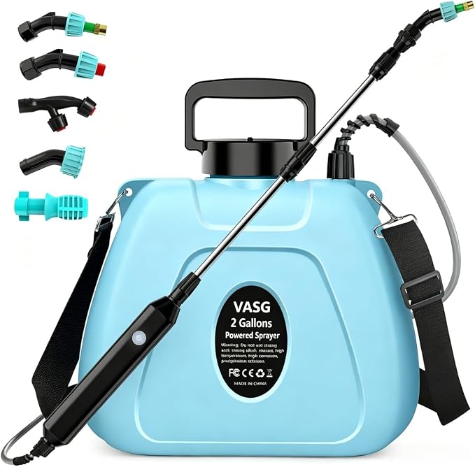 2 Gallon Battery Powered Weed & Garden Sprayer, Electric Pump Sprayer with USB Handle, 5 Mist Nozzles, Retractable Wand, Adjustable Strap – Green Blue
