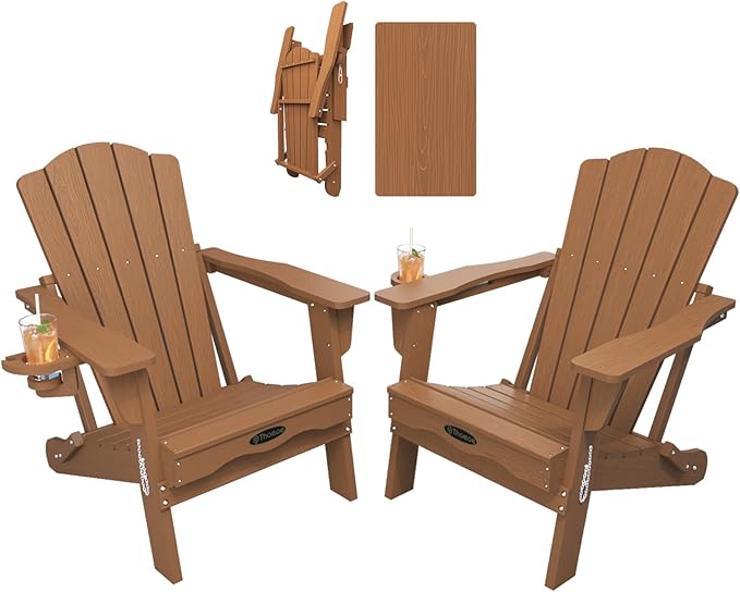 THOEOE Folding Adirondack Chair Set of 2, HDPE All-Weather Outdoor Chair with Cup Holder, Wooden Textured, Fire Pit Chair, Plastic Patio Chair for Deck, Backyard, Garden, Lawn