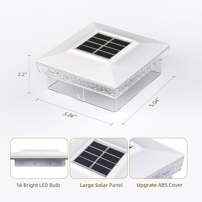 Solar Post Cap Light 4x4/5x5 – 12 Pack, Dual Color, 800mAh, 12H Runtime, Auto Dusk-to-Dawn On/Off, White
