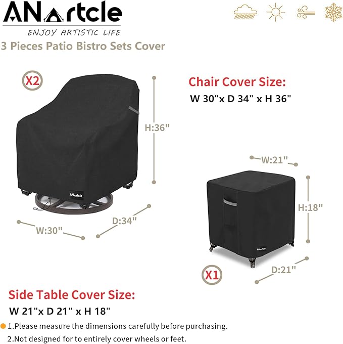 ANartcle 3 Pieces Patio Bistro Sets Cover,600D Waterproof Heavy Duty Patio Furniture Covers,Includes 2 Outdoor Swivel Chair Covers and 1 Patio Wicker Side Table Cover(Black)