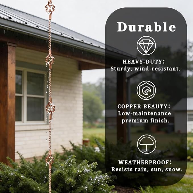 8.5FT Rain Chains with Spiral Bird Cage Rain Chain Cups, Rain Catcher for Gutters, Decorative Copper Rainwater Diverter Rain Chimes for Garden Decor,Replacement for Outside Gutter Downspouts in Summer
