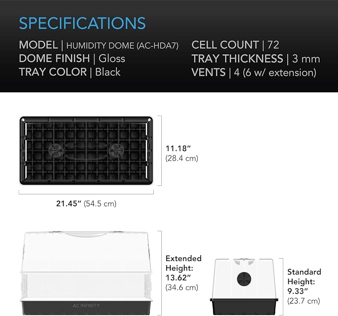 AC Infinity Large Humidity Dome, Heavy-Duty Germination Kit with 3 mm Thickest Clear Dome, Sturdy Drip Tray, 6x12 Cell Seedling Tray, Vented Height Extension Panels, for Seed Starting, Cloning Plants