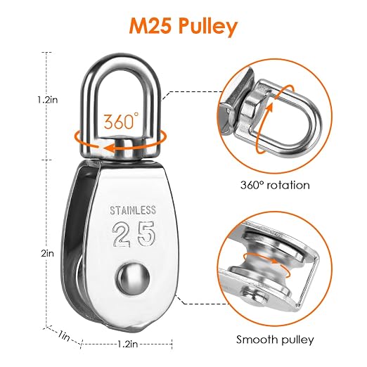 TooTaci M25 Pulley Systems, 2 Pack 25mm Pulley Block with 33ft 1/4" Nylon Rope, 304 Stainless Steel Heavy Duty Pulleys Wheel with Rope Cleat, Eye Pad Plate and Hooks, for Sun Shade Sail, Clothesline