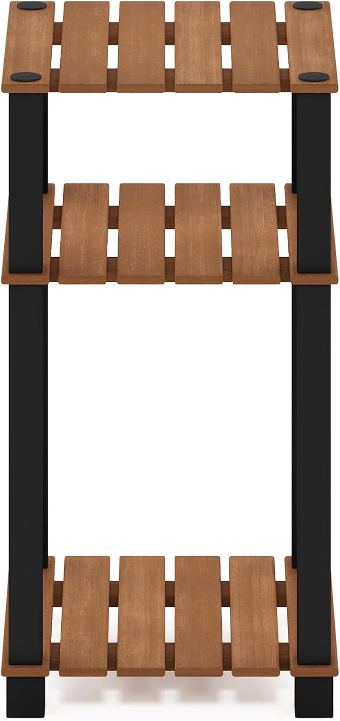 Furinno Pangkor 3-Tier Turn-N-Tube Indoor Outdoor Plant Shelf Wood Side Table with Square Poles, Natural/Black