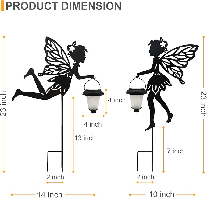 Solar Fairy Garden Stake Decorative Lantern, 2 Pack Metal Fairy Angel Garden Silhouette Lights for Lawn, Pathway, Patio, Yard Outdoor Decor