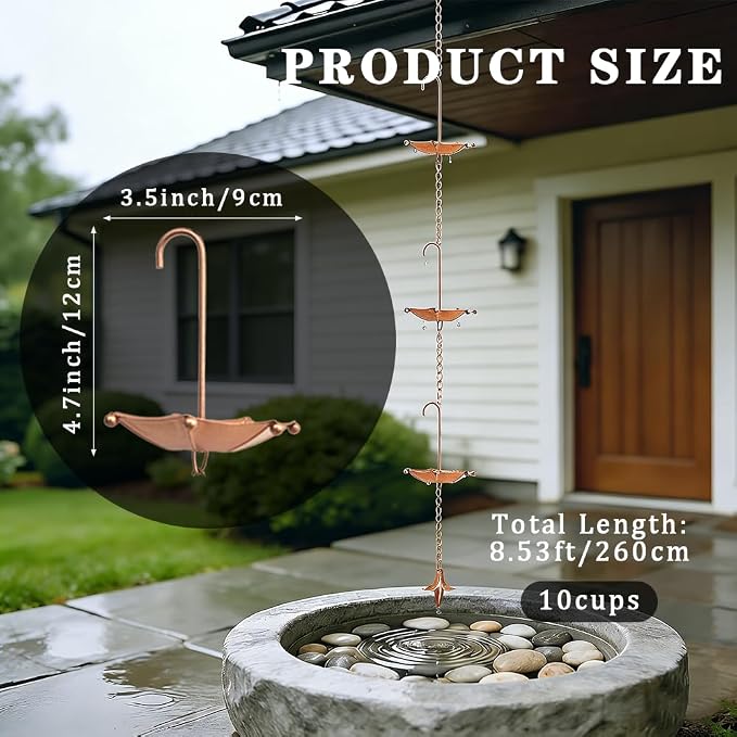 Apx Rain Chains for Gutters with Adapter, Anchor, Total 11 FT, 10 Umbrella Cups Rain Catcher Heavy Duty, Replacement for Gutter Downspout w/ Stake, Rainwater Diverter, Garden Decor for Outside Summer.