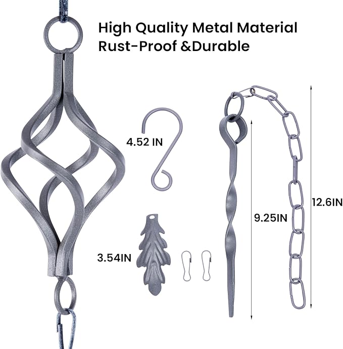 Rain Chain Bird Cage Set 8.5Ft, Wrought Iron Rain Chains for Gutters with Adapter Gotta Drain and Anchoring Stake,13 Birdcage, 1 Hook, Not Rust,Adjustable Length for Garden (Blue Gray)