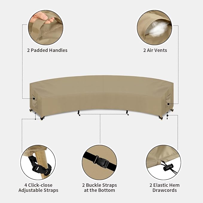 PureFit Outdoor Sectional Sofa Cover Waterproof Curved Patio Furniture Covers for Deck, Lawn and Backyard, 190Lx36Dx39Hx128FL, Camel