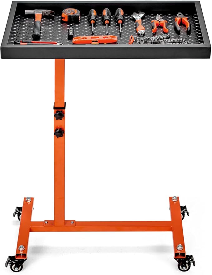 OLBRUS Adjustable Work Table with Wheels, Mechanic Rolling Tool Tray Table for Garage Repair Shops DIY, 220LBS Capacity Mobile Heavy Duty Steel Tool Cart (Orange)