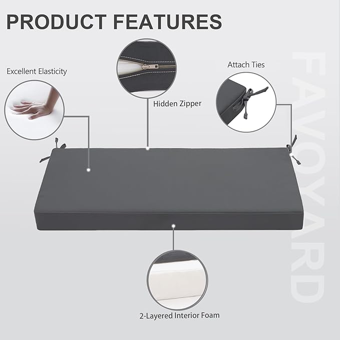 Favoyard Outdoor Bench Cushion 59 x 18 Inch Waterproof Patio Furniture Cushions 3-Year Color Fastness Garden Sofa Settee Couch Swing Pads with Handle and Attach Ties, Dark Gray