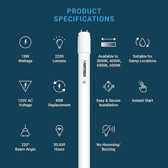 PARMIDA 20-Pack 4FT LED T8 Ballast Bypass Type B Light Tube, 18W, UL-Listed for Single-Ended & Dual-Ended Connection, 2200lm, Frosted Lens, T8 T10 T12, UL, FCC - 3000K